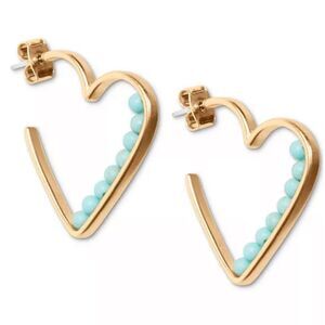 LUCKY BRAND Gold-Tone Stone Beaded Heart Hoop Earrings NWT